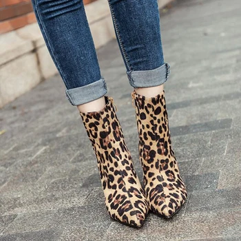 Leopard Střední Tele Boty Ženy Zip Jaro Podzim Špičaté Toe Boty Ženy Módní Plus Velikosti 42 Dámy Vysoké Podpatky Boty
