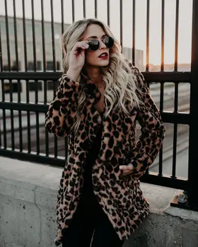 Leopard Turn-Down Límec Kabát Ženy Podzim Zima Kapsy Módní Volné Lounge Nosit Módní Topy Streetwear Oblečení
