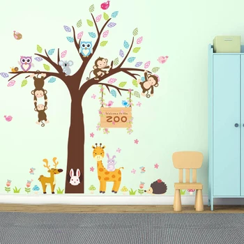 Lesní Zvíře Žirafa, Opice, Sova, Ježek, Králík Strom Školky Samolepka na Zeď Tapety DIY Plakát Odnímatelné Umění Zeď Obtisk Dítě
