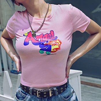 Letní Dámské O-Neck T-Shirt Anděl Dopis Tištěné Růžové Sexy Krátké Štíhlé Ženy T-shirt Sexy Crop Topy Krátký Rukáv T-Shirt 2020