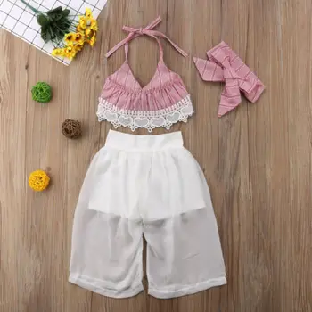 Letní Sada 3KS Kojenecké Baby Girls Luk Krajky Halter Pruhované Topy+ Transparentní Dlouhé Kalhoty +Čelenka Oblečení Oblečení