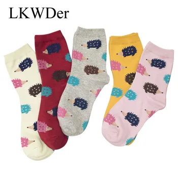 LKWDer 5 Párů Dámské Ponožky, Legrační, Šťastný Karikatura Ježek Vzor Ponožky Ženy Česaná Bavlna, Kvalitní Ponožky Calcetines Mujer