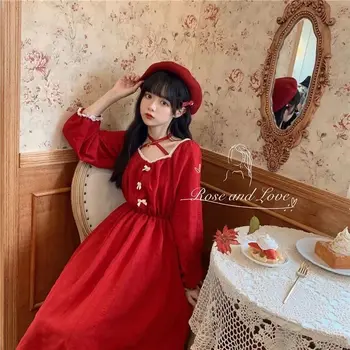Lolita podzim nový retro krajky Japonské měkké dívka roztomilý luk pasu dlouhý rukáv šaty mid-length Šaty pro Roztomilé Dívky