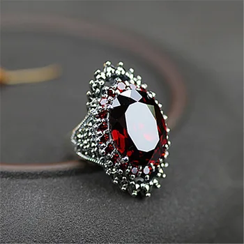 Luxusní Muž Žena Červený Krystal Ring Vintage 925 Mincovní Stříbro Zásnubní Prsteny Pro Ženy Kouzlo Oválný Velký Snubní Prsten