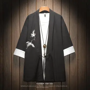 M-5XL Japonské Streetwear Kimono Tričko Pánské Čínský Drak Embroiderd 3/4 Rukáv Límce Košile Bavlna Kanceláře Nosit XXXXXL