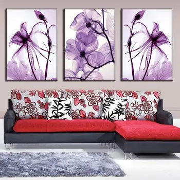 Malování na Zeď, Umělecké Tisky HD Dekorativní Modulární Obrázky 3 Kusy/Ks Fialová Květina Rámec Plátno Pro Obývací Pokoj Ložnice