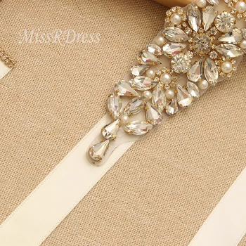 MissRDress Gold Crystal Svatební Pás Luxusní Ozdobený Stuhami Křídla Kamínky Perly Svatební Pás Pro Svatební Šaty JK892