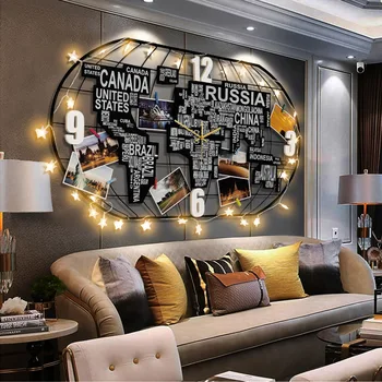 Moderní Velké Kovové Světová Mapa Nástěnné Hodiny s Lgiht LED Svítící Dekorace na Zeď Obývací Pokoj 3d Akryl Nástěnné Hodiny Domova