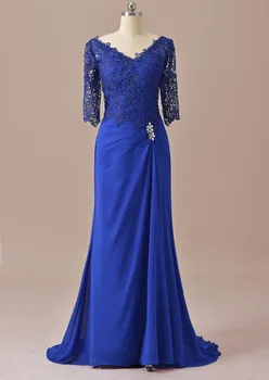 Mořská panna Polovina Rukávy Krajky Matka Nevěsty Šaty Royal Blue Svatební Ženich 2019 Dlouho Formální Večerní Šaty SLD-M14