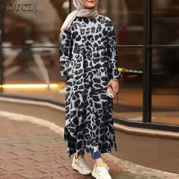 Móda Leopard tisk Šaty Ženy Podzim letní Šaty ZANZEA 2021 Ležérní Dlouhý Rukáv Muslimské Ženské Vestidos Rozdělit šaty Plus Velikost