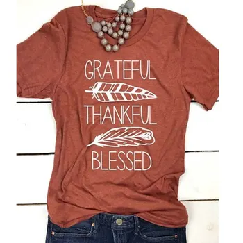 Módní Dopis Vděčný, Vděčný, Požehnaný Tištěné Krátký Rukáv Grafický Tisk Trička Tričko Ženy Tee Tričko Topy Ženy T-shirt