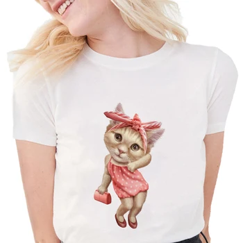 Módní kočička v póze Tričko Ženy Roztomilý Kočka Tisk T-Shirt z Měkké bavlny Harajuku T Shirt White Topy Tees