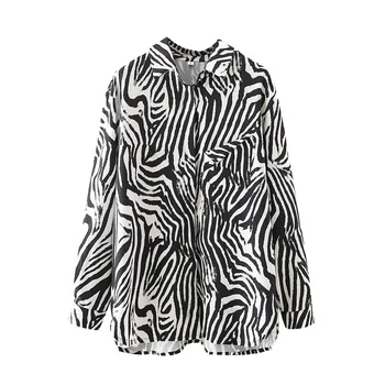 Na jaře a na podzim ženy ležérní leopard tisk klopě dlouhý rukáv volné tričko