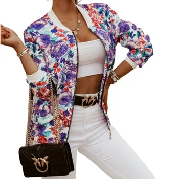 Na podzim roku 2020 Nové Módní Dámské Sako Vynosit Dlouhý Rukáv Vintage Květinové Tištěné Zipy Bomber Bundy Streetwear Femme Kabát