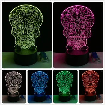 Novinka Flower Skull 3D Lampa LED Žárovka USB Náladě Noční Světlo Barevné Dotykové či Dálkové Luminaria Změnit Home Design Dekor