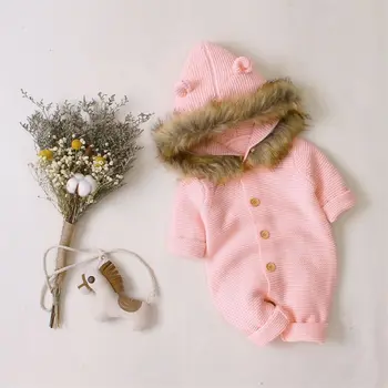 Novorozené Dítě Chlapci Dívka Zimní Dlouhý Rukáv Tlačítko Romper Pletené Kombinéza S Kapucí Kabát Oblečení Oblečení