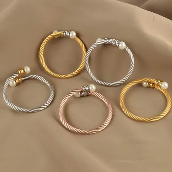 Nové Kvalitní Zlaté Barvy Z Nerezové Oceli Kabel Náramek Řetěz Náramek & Náramky Pro Muže Nebo Ženy Módní Perlové Šperky