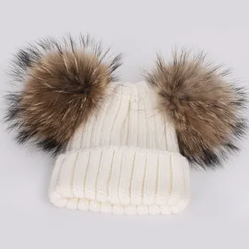 Nové Roztomilé dětské Mýval Fur pom Knit Beanie Hat Šátek Chlapec Dívka Zimní Zahustit Zajišťovací Čepice Šátky Měkké Lyže Dítě Děti