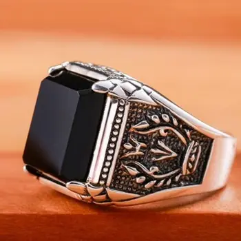 Nové stříbrné retro výklenek design velký dominantní přehnané černý kroužek otevírání nastavitelné pánské šperky