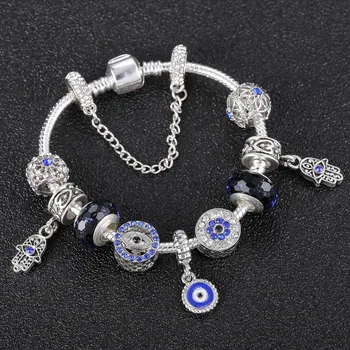 Nový Stříbrný Pozlacený Řetěz Náramky Pro Ženy Moon Star Modré Křišťálové Přívěsky Korálky Pa Náramky & Náramky Diy Šperky