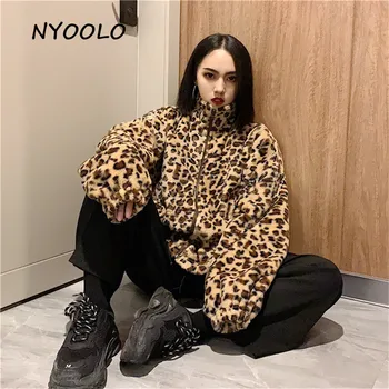 NYOOLO Podzim Zima streetwear Vintage leopard oversize kabát Ležérní plus sametové tlusté volné zip bunda ženy svrchní látka
