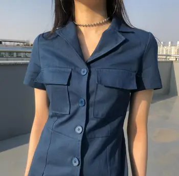 Námořnictvo Tlačítko Dolů Krátký Rukáv Utility Šaty S Kapsy Klopový Mini Košile Šaty Dámské Letní Šaty Korean Fashion /