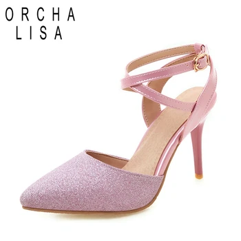 ORCHA LISA 2019 Nové Letní Ženy Kotník Popruh Sandály Vysoký Tenký Podpatek Špičaté Toe Sexy Dámy Bling svatební Svatební Boty Růžové
