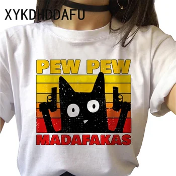 Pew Pew Madafakas Dámské Tričko Kawaii Meme Ulzzang T-shirt Černá Kočka Harajuku Streetwear Trička Ženy Topy Tee Vintage