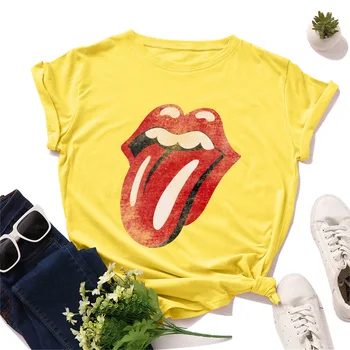 Plus Velikost Grafické Tees Ženy Topy Tongue Print T Shirt Bavlněné Tričko Svetr O Krk Krátký Rukáv Košile Dna