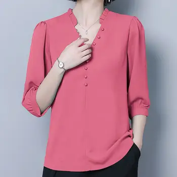 Plus velikost solid color šifon tričko ženy korálkové jednoduchý styl temperament V-neck zahraniční rukáv Halenky žena jaro léto