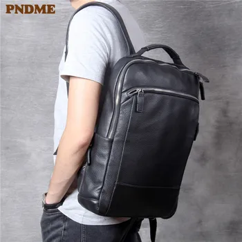 PNDME jednoduché ležérní měkké hovězí kůže muži ženy batoh vysoce kvalitní pravé kůže velká kapacita cestovní black notebook bagpack