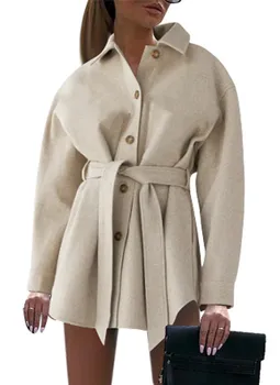 Podzim Zima Ženy Módní Pás S Vlněné Sako Kabát Vintage Dlouhý Rukáv Žena Oblečení Elegantní Kabát
