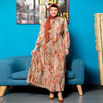 Poslední Tisk Satén Elegantní Skládaný Design Morroca Islámské Oblečení Dlouhé Maxi Muslimské Ženy Ležérní Šaty Abaya Pro Ženy