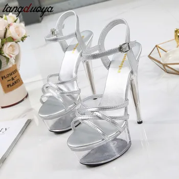 Průhledné vysoké podpatky boty na platformě ženy vysoký podpatek strana dámské boty sandály otevřené toe podpatky svatební boty žena stříbrná černá