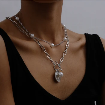 Punk Barokní Perla Multi Řetěz Náhrdelník Pro Ženy, Geometrie Přívěsek Náhrdelníky Korálky Laso Dlouhé Svatební Obojek Gothic Šperky