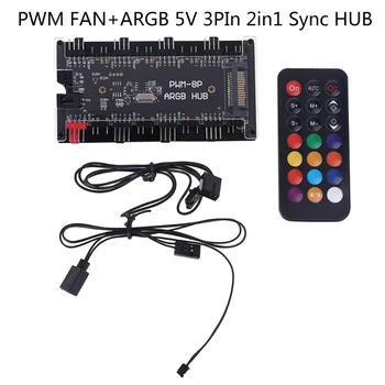 PWM VENTILÁTOR+ARGB LED 2 v 1 Synchronizace Hub Bezdrátový Ovladač 1 Až 8 Splitter 5V 3PIN RGB chladič 4Pin Fan Adaptér AURA Addressble
