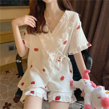 Pyžama Nastaví Ženy Nové Módní Krátký Rukáv V-neck oblečení na Spaní Dva kusy Dámské Pyžamo Lounge Prodyšný materiál s Potiskem Letní Korean