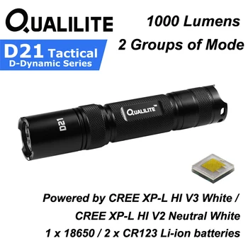 Qualilite D21 CREE XP-L HI Bílé / Neutrální Bílá 1000 Lumenů 2 Skupiny po 3 až 5-Mode LED Svítilna ( 1 x 18650 / 2xCR123 )