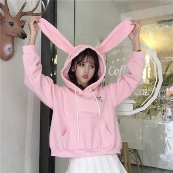 QWEEK Kawaii Bunny Ucho Mikina s Kapucí, Růžové Topy 2021 Dívky Harajuku Králičí Ucho Mikina korejský Styl Módní Roztomilé Mikiny