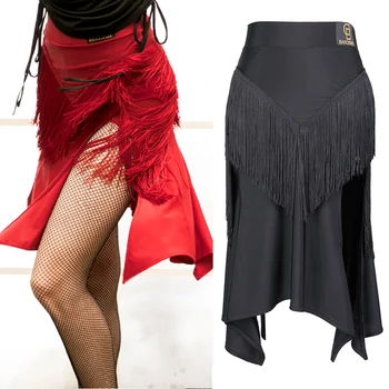 Red Latin Dance Sukně Pro Dámy/Ženy/Dospělého Fringe Sukně Otevírací Lem Rumba Flamenco Profesionální Černé Taneční Kostým VDB183