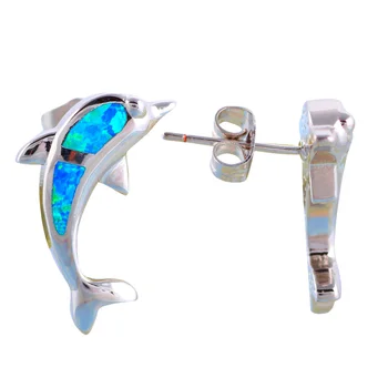 ROLILASON Krásné Dolphin Design Dárek pro Valentýna Blue Fire Opal Silver Stud Náušnice Strana Módní Šperky OE606