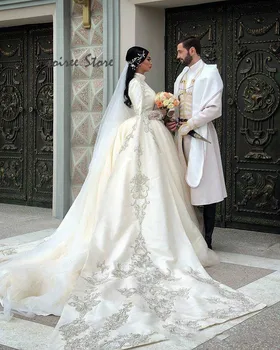 Romantické Muslimské Svatební Šaty Dubaj Arabské Dlouhý Rukáv Země Svatební Šaty S Výšivkou Saténová Marocké Kaftan Nevěsty Šaty