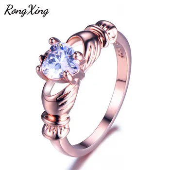 RongXing Luxusní Srdce Claddagh Prsten Růžové Zlato Naplněné. dubna Kámen AAA Bílý Zirkon Svatba Módní Šperky Milence Dárek RR0024