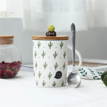 Roztomilé Kaktus Keramický Hrnek Kávové Šálky Tvůrčí Mléko Čaj Pohár S Víkem Lžíce Domů Ráno Hrnky