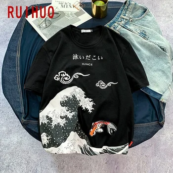 RUIHUO Vlna Tisk Krátký Rukáv Pánské T-Shirt Módní Streetwear Tričko Muži Tričko Hip Hop 2021 Japonské Oblečení Muži M-5XL