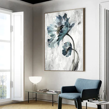 Ručně malované abstraktní olejomalba moderní minimalistický Nordic abstraktní modré květinové obývací pokoj, velké dekorativní malba FHY014