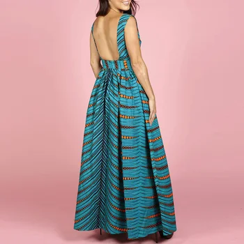 S hlubokým výstřihem Maxi Šaty Ženy Vintage Africké Tisk Letní Šaty 2020 Dlouhé Šaty Kontrastní Barevné Pruhované Český Dashiki Šaty žena