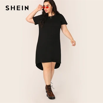 SHEIN Plus Velikost Černé Split High-Low Lem Plná Tunika Šaty 2019 Ženy Letní Příležitostné Rozdělení Směny Základy Rovnou Šaty Plus