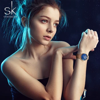Shengke Luxusní Ženy Hodinky Romantické Hvězdnou Modrá Vytáčení Mesh Pásek z Nerezové Oceli Ultra-tenké Pouzdro Quartz náramkové Hodinky Reloj Mujer