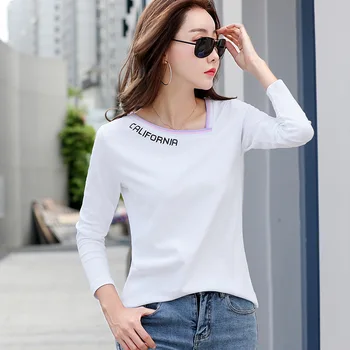 Shintimes Tisk Zkosení Límec T Košile Ženy Bavlna Korean Oblečení 2020 Podzim Topy Ležérní Dlouhý Rukáv Tričko Žena Tee Shirt Femme
